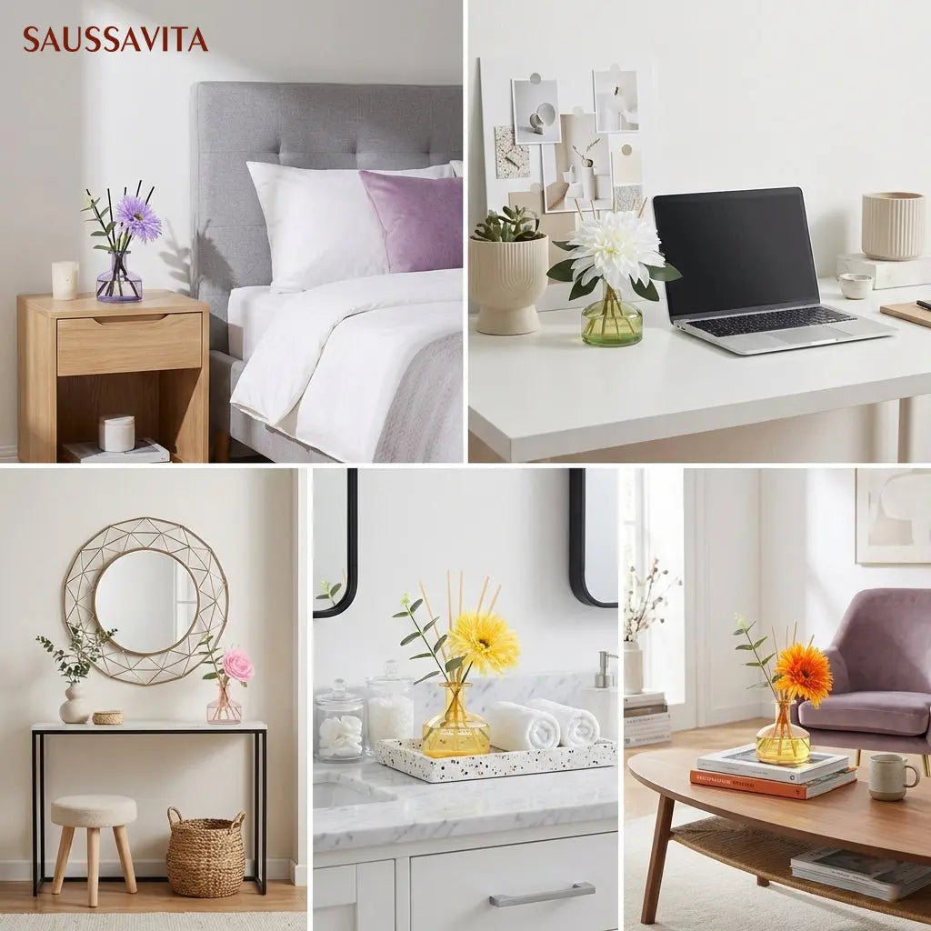 SAUSSAVITA alcohol-free reed diffusers in modern bedroom, office, bathroom, living room