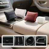 Leather car air fresheners on a car console, with various car vent styles shown below.