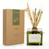 SAUSSAVITA Wild Citrus reed diffuser with green glass bottle, dried wheat stems, twine bow, and brown packaging - handcrafted home fragrance